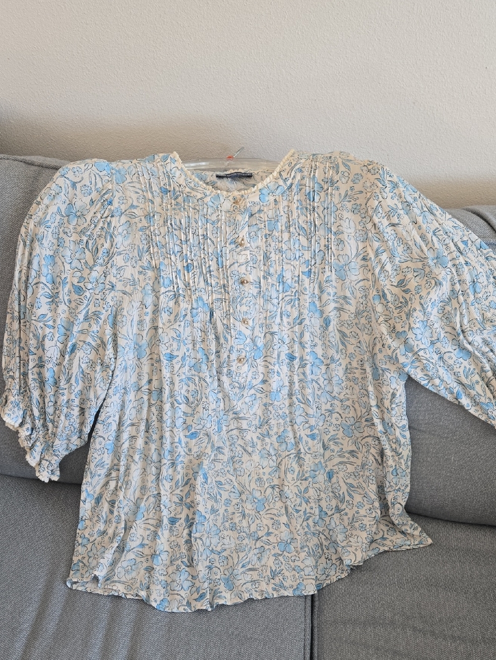 Democracy Cream Blouse with Light Blue Floral Pintucks